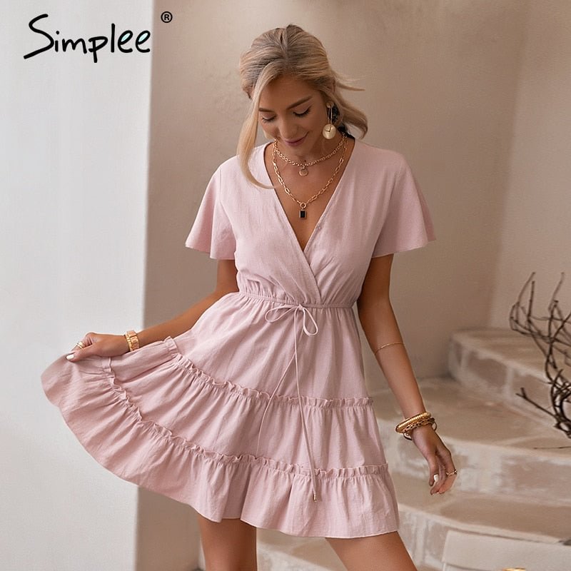 Simplee Summer V-neck light pink dress Casual solid high-waist lace-up ruffled women dress Elegant office ladies short dress new