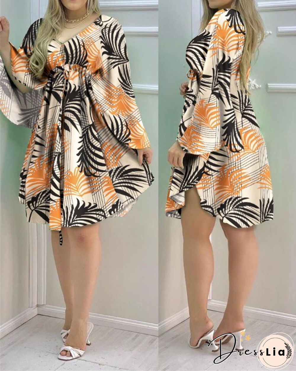 V-neck Long Sleeve Loose Skirt Irregular Dress