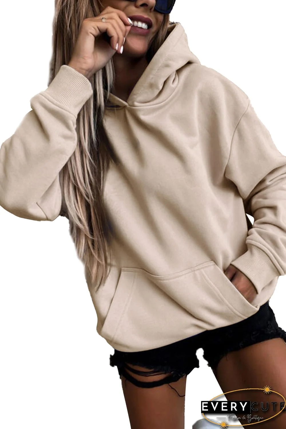 Khaki Loose Kangaroo Pocket Hoodie