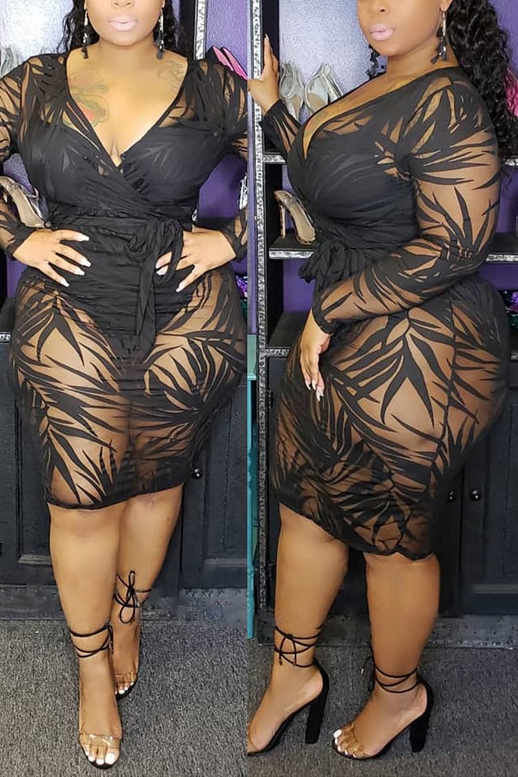 Xpluswear Plus Size See Through Black All Over Print V Neck Bodycon Mini Dress