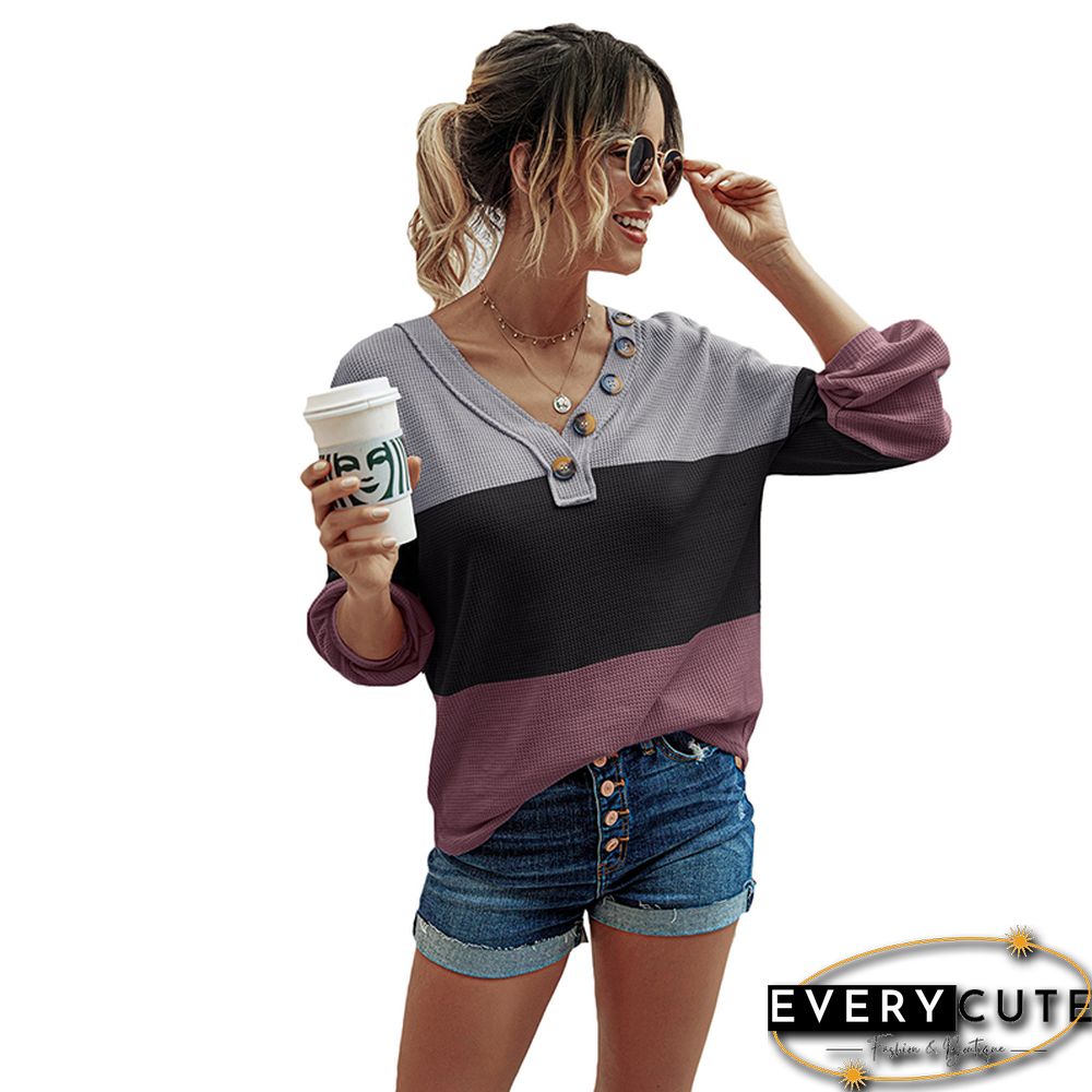 Multicolor Colorblock Buttoned V Neck Long Sleeve Tops