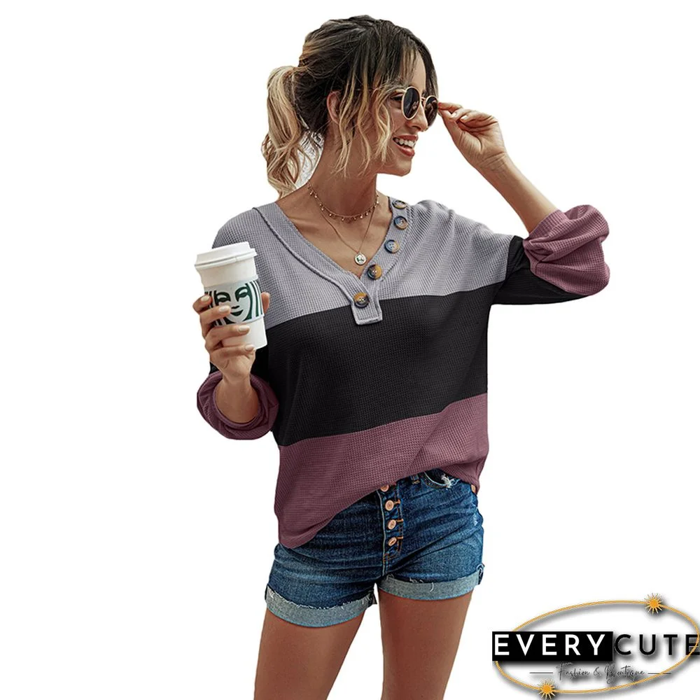 Multicolor Colorblock Buttoned V Neck Long Sleeve Tops