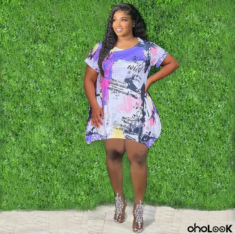 Plus Size Printed Casual Short Sleeve Irregular Dress