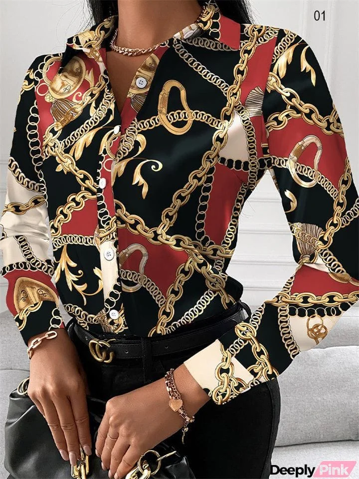 Women's Trendy Lapel Collar Geometric Print Button Down Blouses