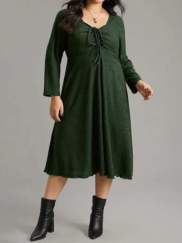 Drawstring Elasticity Solid Color Long Sleeves Loose Square-neck Midi Dresses