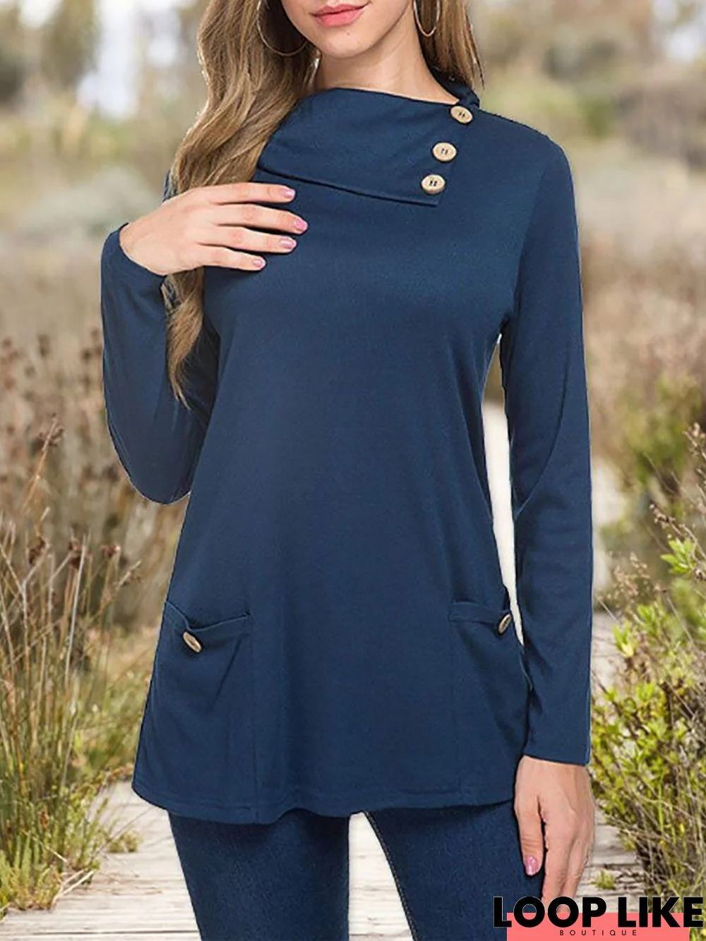 Casual Solid Irregular Collar Button Pocket Top