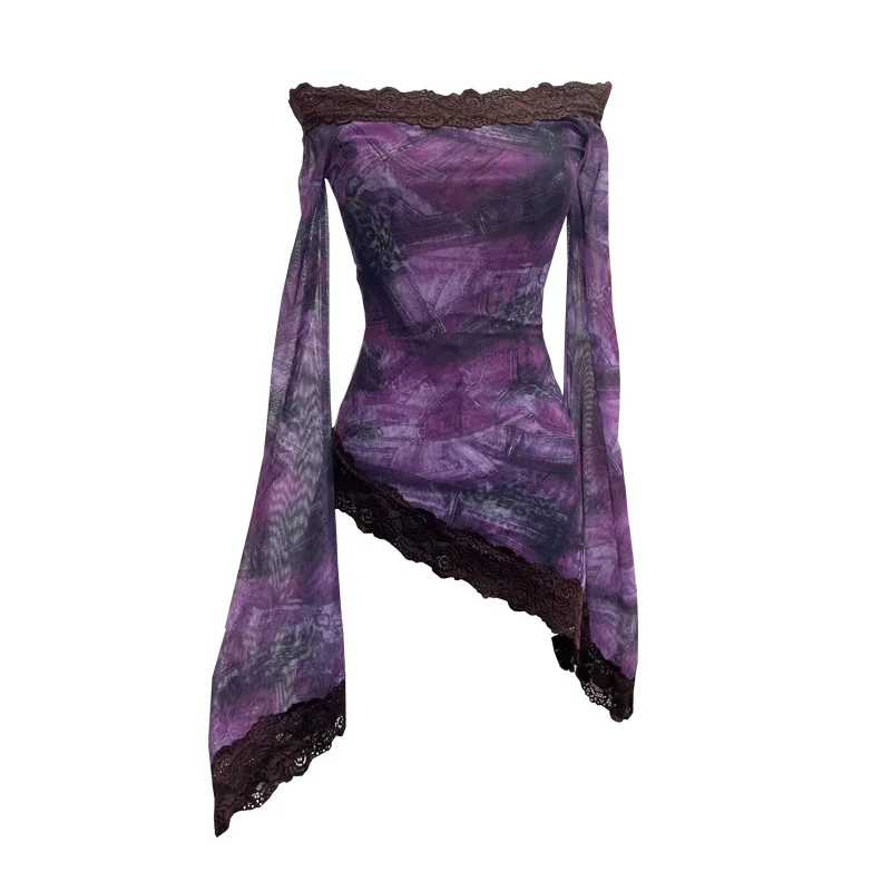 Uveng Tie-Dyed Leopard Print Lace Spliced Double-Layer Mesh Shoulder Irregular Loudspeaker Top 9912