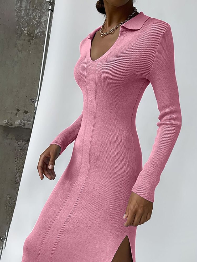 Forefair 2021 Autumn Winter Knitted Turn Down Collar Women Midi Dress Long Sleeve Casual Party Elegant Sexy Women's Dresses