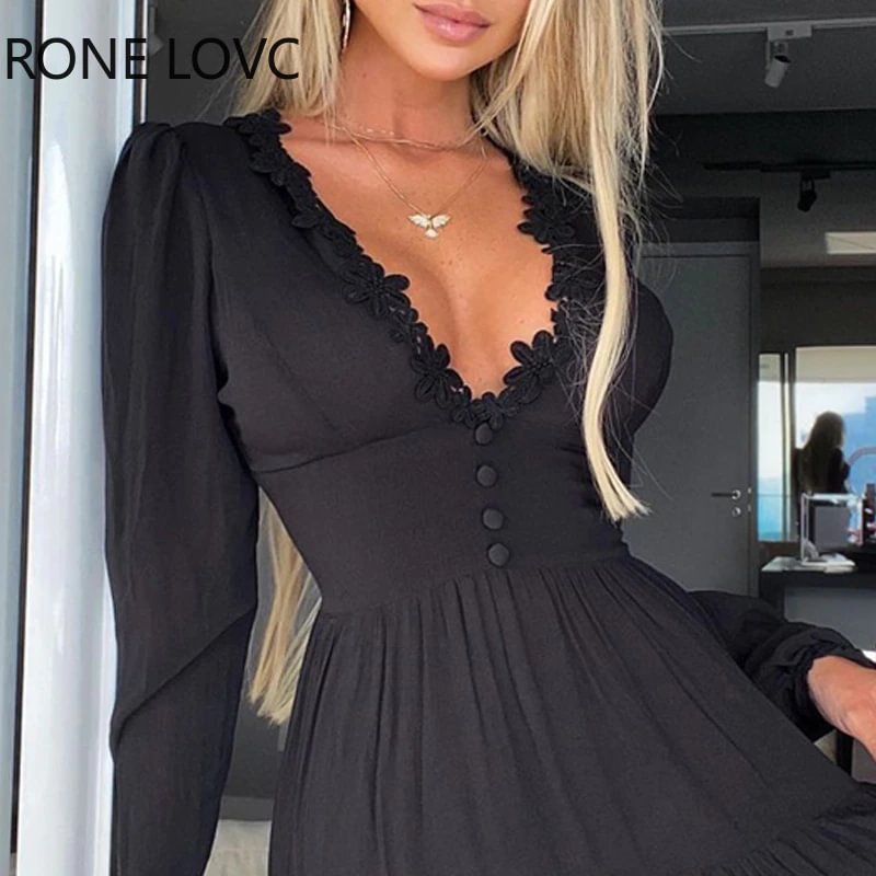 Uveng Women Long Sleeve Solid Lace Skinny Waist Dress  Elegant Fashion Party Dress