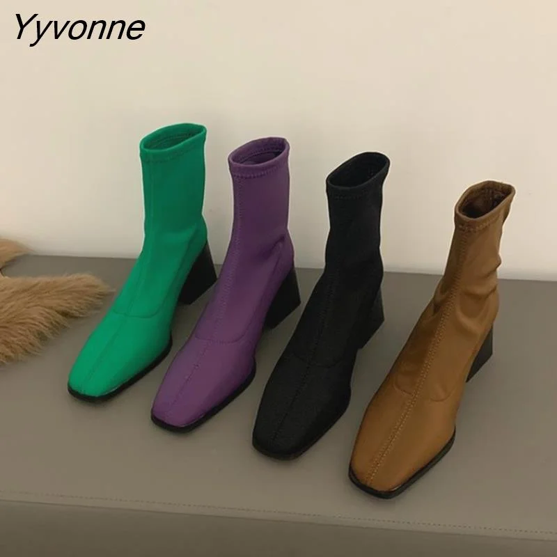 Yyvonne Square Toe Ankle Boots Women's Shoes High Heels Elastic Thin Boots Retro Botte Femme 2022 Short Botas Black Botines Mujer