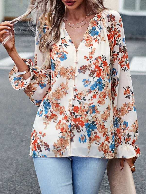 Buttoned Elasticity Flower Print Long Sleeves Loose Deep V-Neck Blouses&Shirts Tops