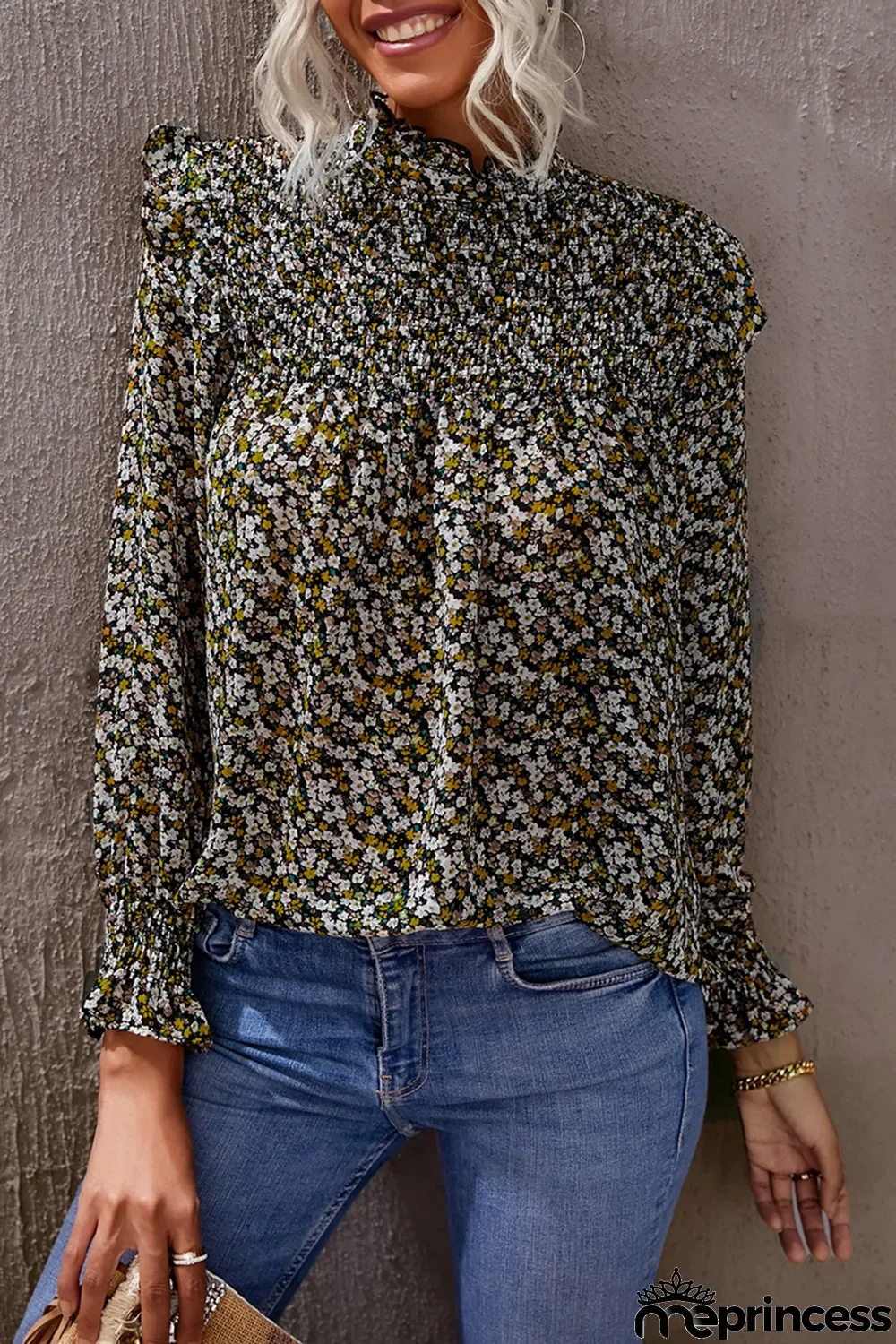Black Floral Print Smocked Ruffled Long Sleeve Blouse