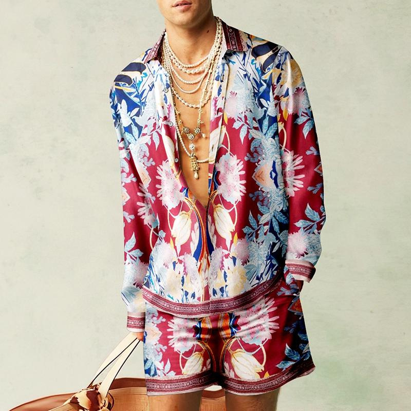 Thoval Fashion 3D Print Two Piece Set Men Long Sleeve Lapel Shirts And Shorts Casual Loose Suits Summer Hawaiian Beach Outfits Male