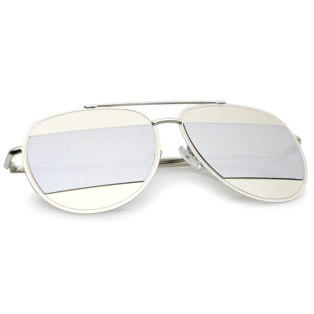 Two-Toned Metal Thin Temple Brow Bar Colored Mirror Split Lens Aviator glasses 57mm