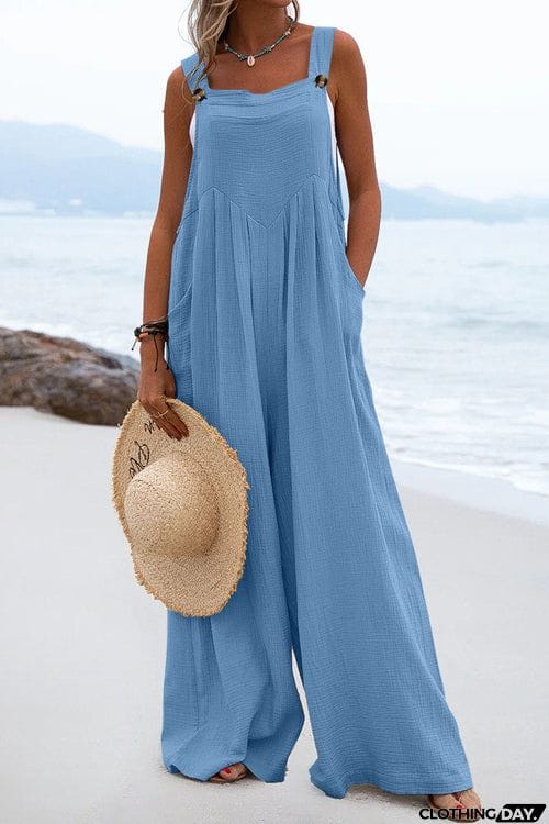 Solid Button Sling Wide-Leg Jumpsuit