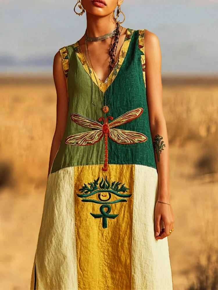 Vintage Egyptian Dragonfly & Eye Embroidery Women's Linen V-neck Vest Maxi Dress