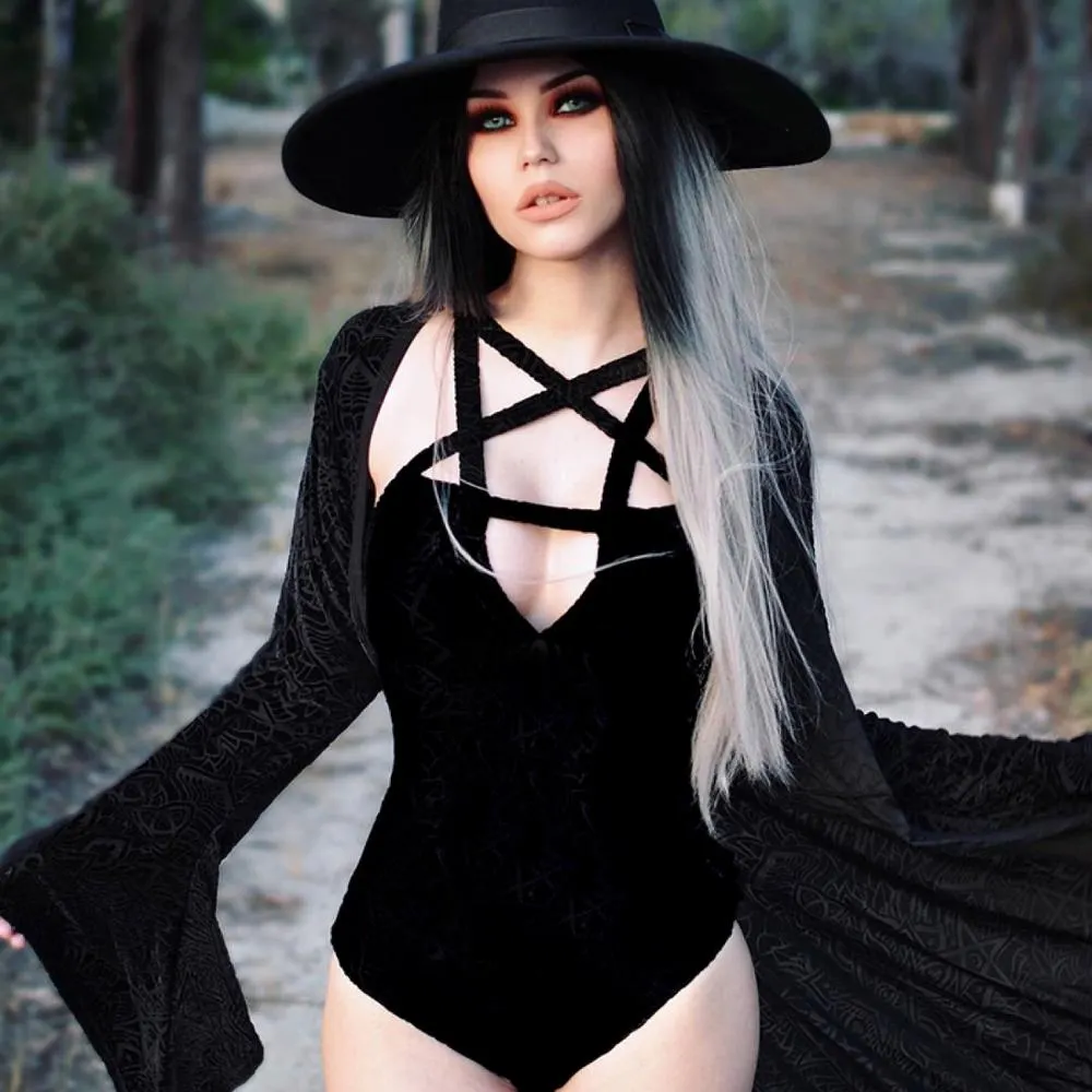 Sexy Bodycon Black Bodysuits Gothic Streetwear Pentagram Hollow Out Women Bodysuits Casual Solid Black Bodys Female Bodysuit