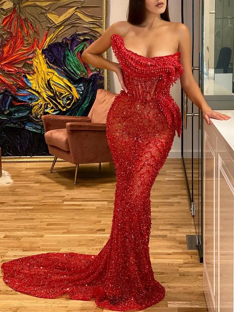 Sexy sequined tube top mermaid red maxi evening dress-zachics