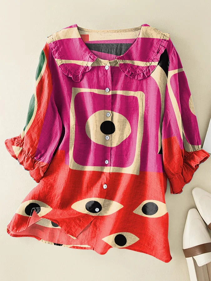 Vintage Abstract Art Cotton and Linen Peter Pan Ruffle Collar Shirt