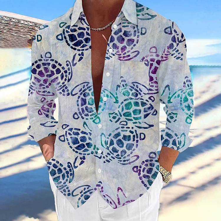 Men's Hawaii Turtles Print Vacation and Casual Shirt