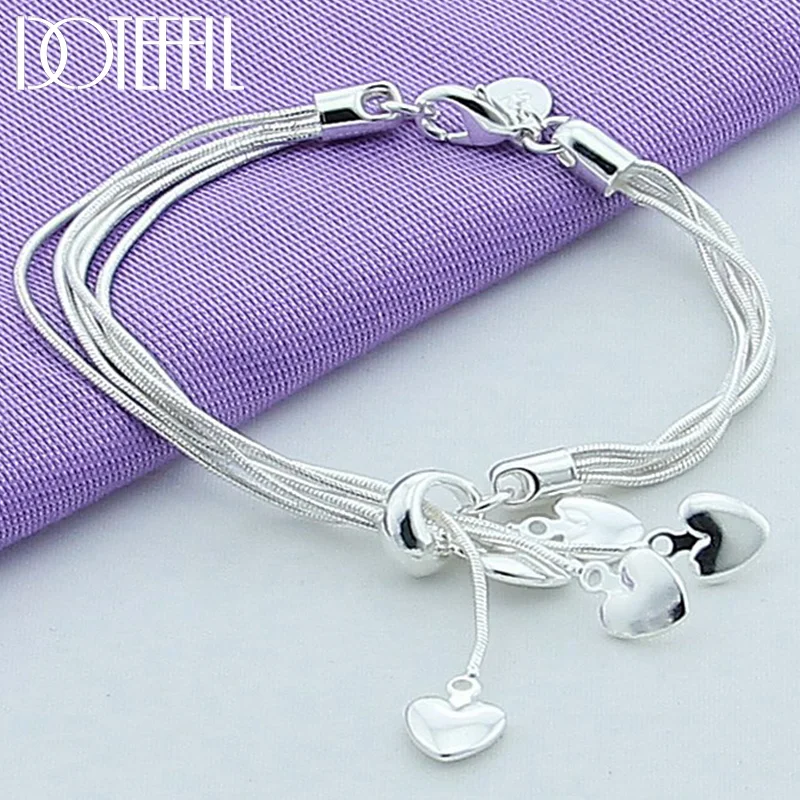 DOTEFFIL 925 Sterling Silver Five Solid Heart Snake Chain Bracelet For Woman Jewelry