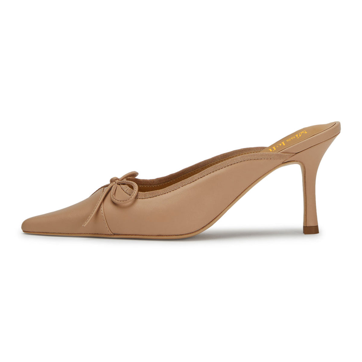 Light Brown Slip-On Pointed Toe Stiletto Heel Mules Shoes with Bows Nicepairs