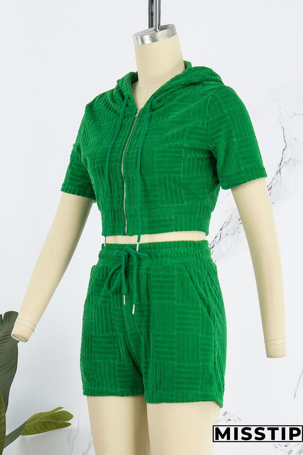 Green Casual Solid Patchwork Zipper Hooded Collar Short Sleeve Two Pieces