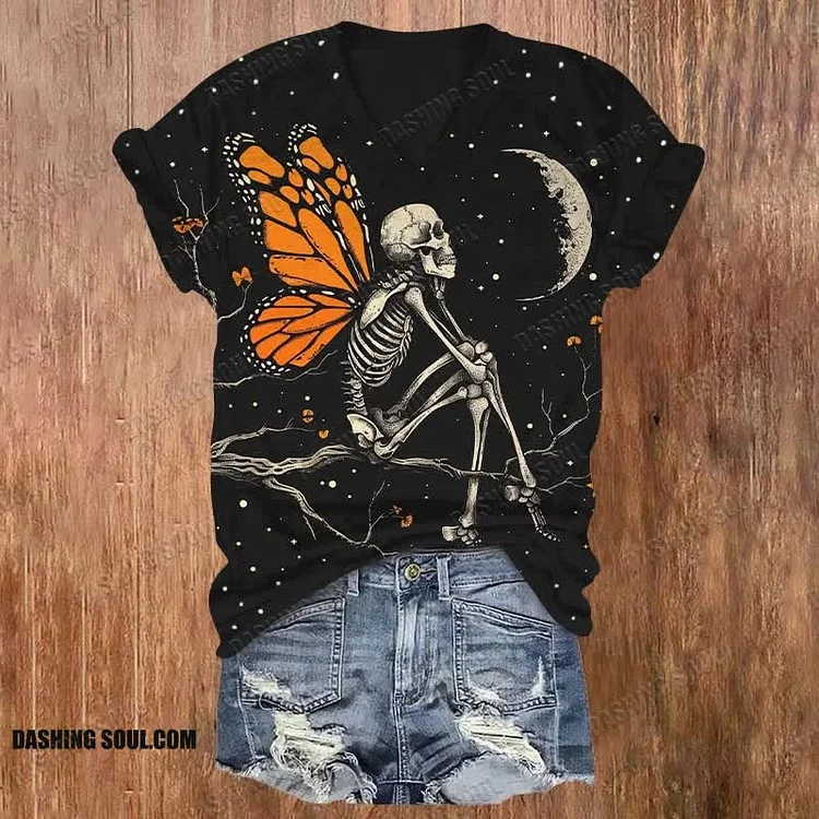 Butterfly Skull Looking At The Moon Halloween Print V-neck T-shirt