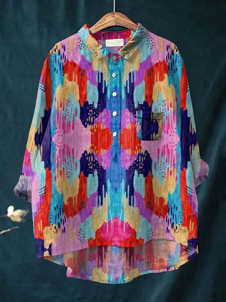 Womens Abstract Art Print Casual Cotton And Linen Shirt