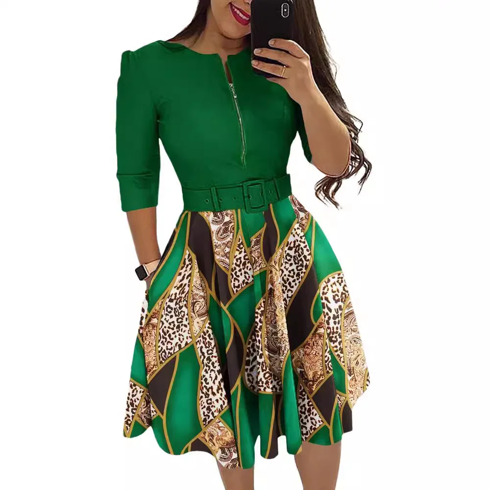 Uveng Uveng New Round-Neck Printing Belt Fashion Casual Commuter Dress Woman