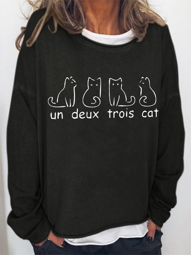 Long Sleeve Crew Neck Un Deux Trois Cat Casual Sweatshirt