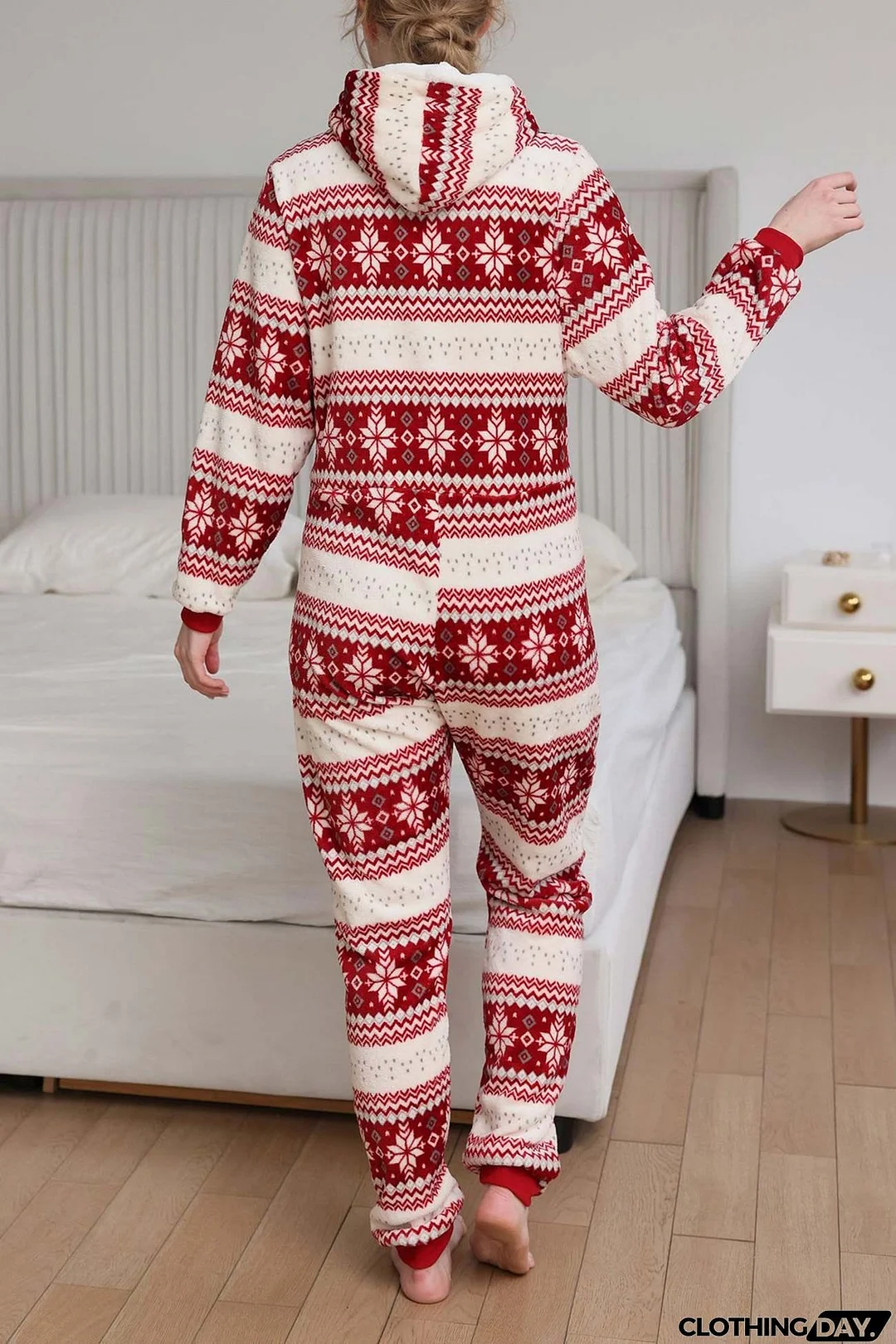 Christmas Printed Zipper Hooded Jumpsuits