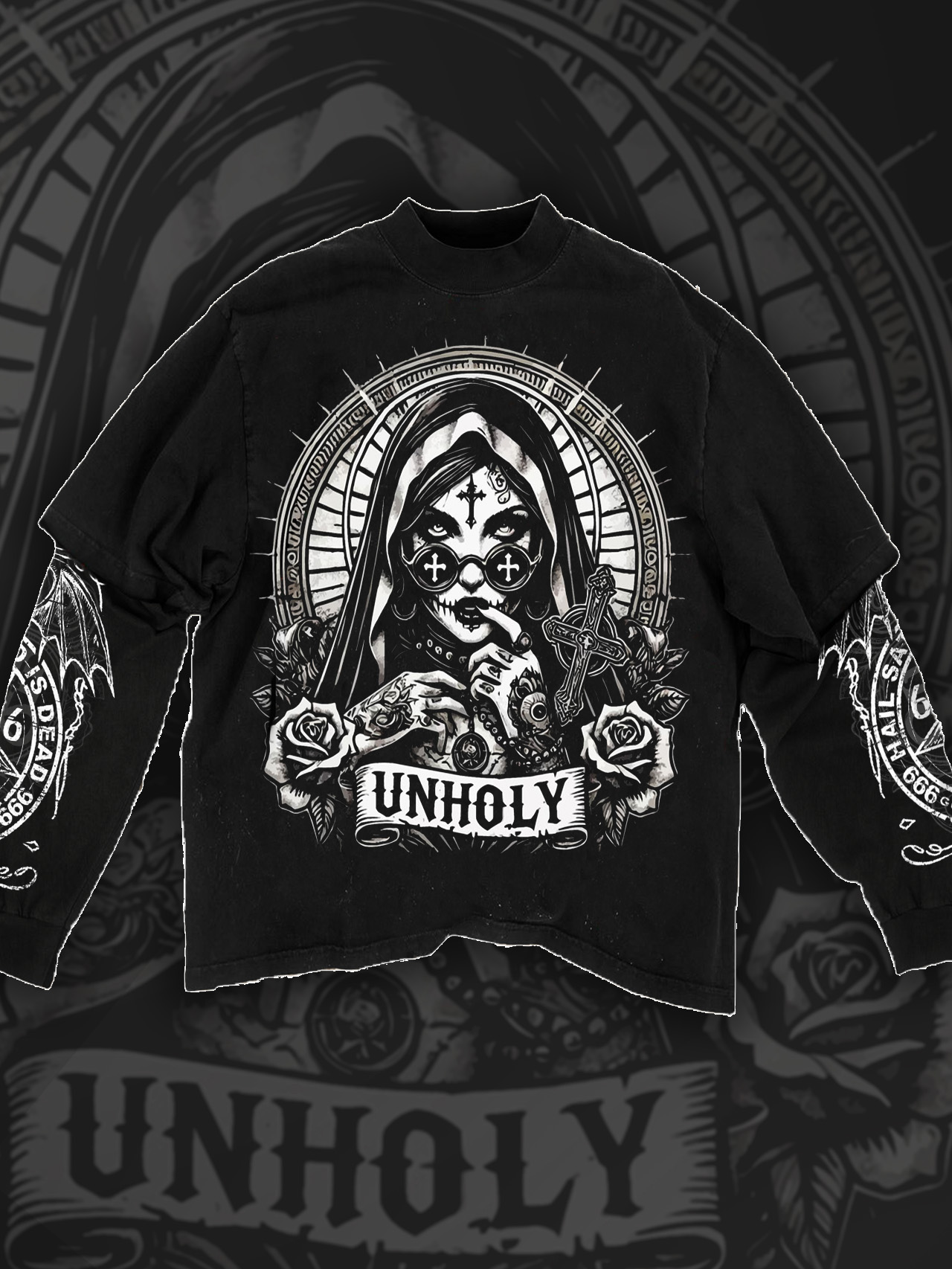 Ninedge Art Satanic Unholy Nun Fake Two Print Long Sleeve T-Shirt