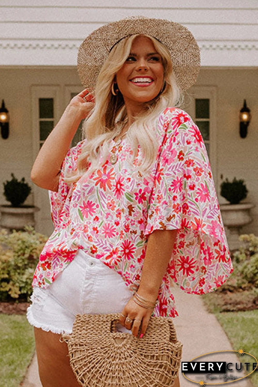 Pink Floral Ruffled Half Sleeve V-Neck Plus Size Blouse
