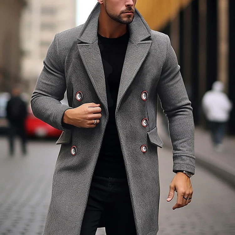 Daily Notch Lapel Double-Breasted Solid Color Overcoat
