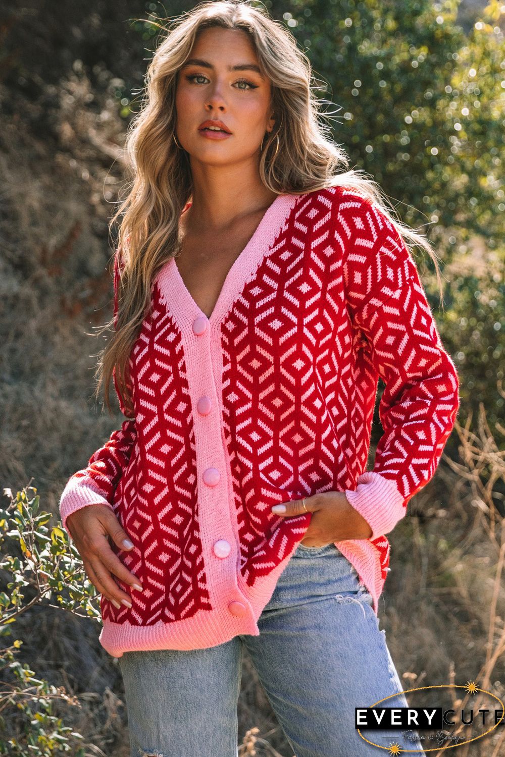 Rose Geometric Print Buttoned V Neck Cardigan