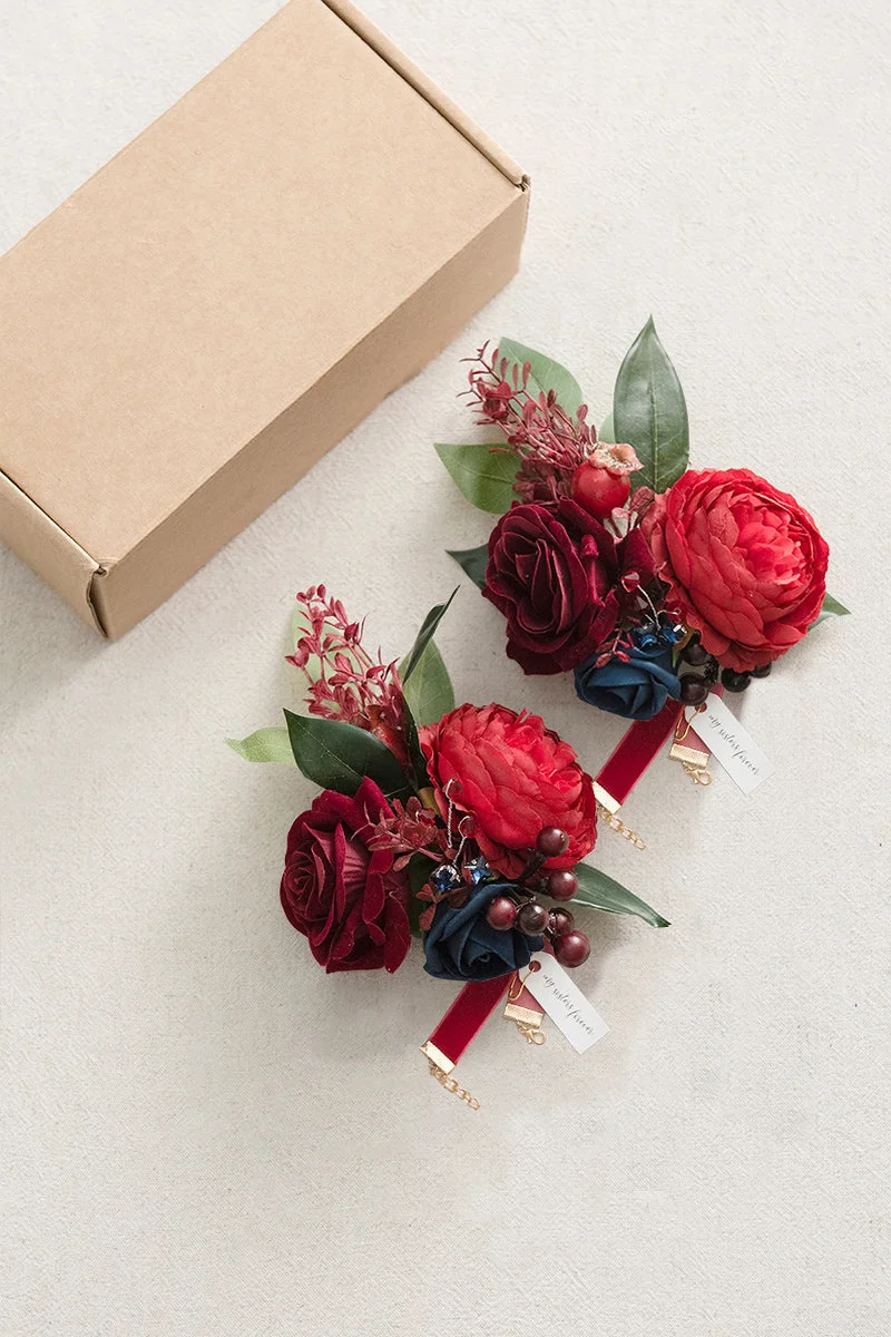 Wrist Corsages in Burgundy & Navy