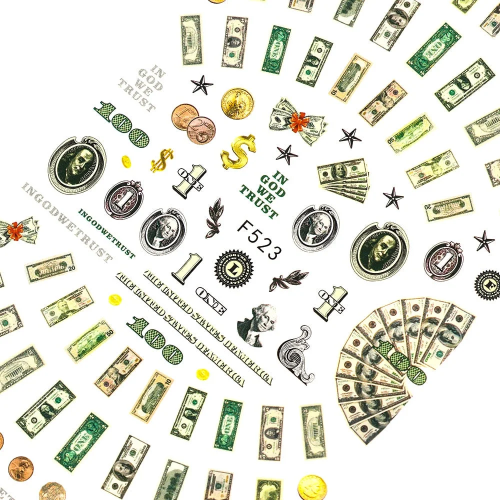 Money Dollar Wealthy Rich Style Nail Art Stickers Decals Manicure Tips Self Adhesive Transfer Slider Nail Decoration Accessories-Nail Inspo