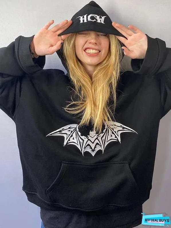 Bat Embroidered Oversized Hoodie