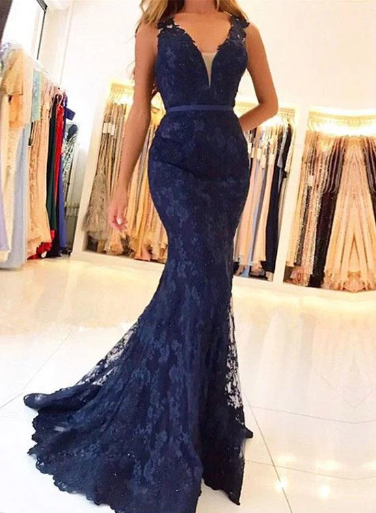 Luluslly Dark Dark Navy Mermaid Prom Dress Long With Lace Appliques Zipper Button Back