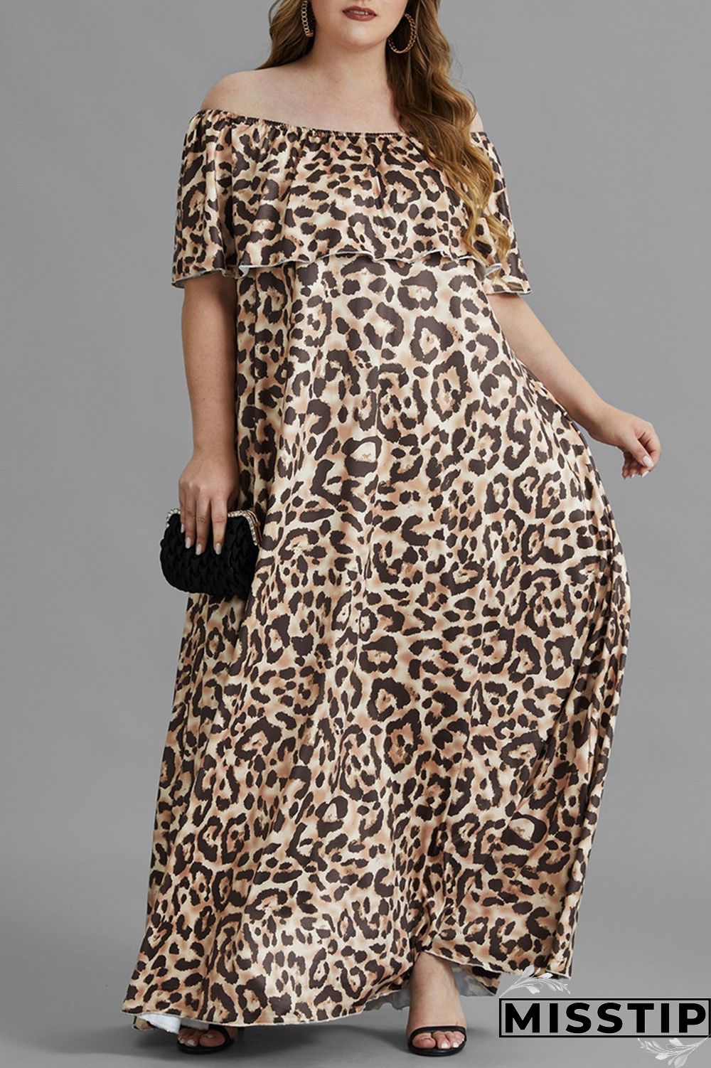 Leopard Print Fashion Plus Size Leopard Printing Off the Shoulder Short Sleeve Dress Plus Size