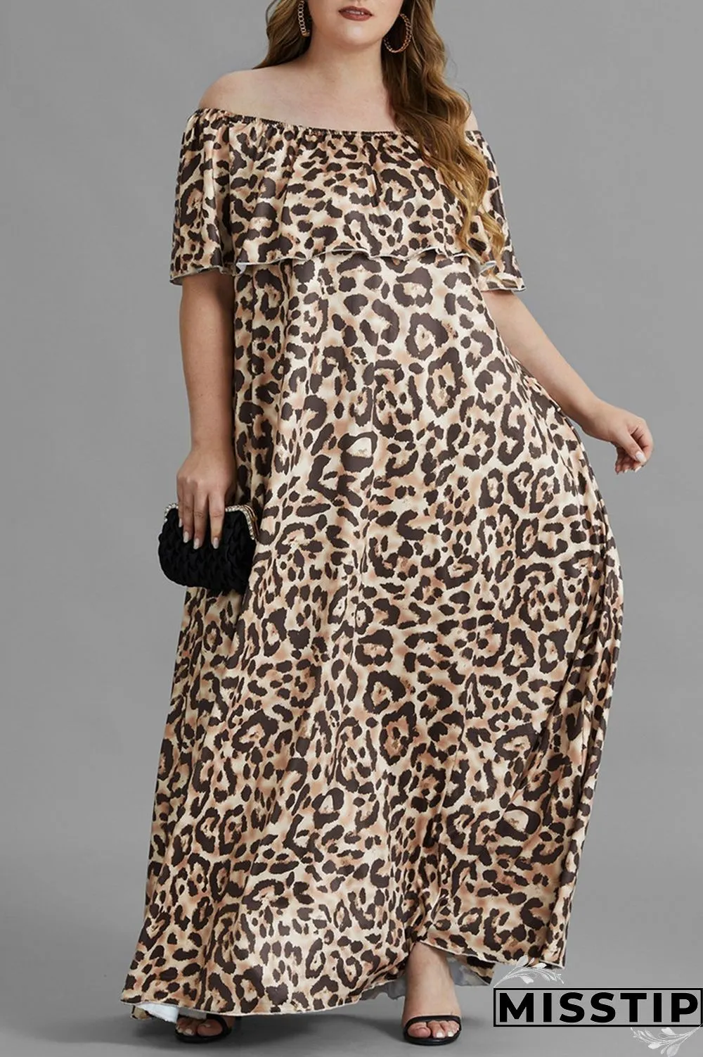 Leopard Print Fashion Plus Size Leopard Printing Off the Shoulder Short Sleeve Dress Plus Size