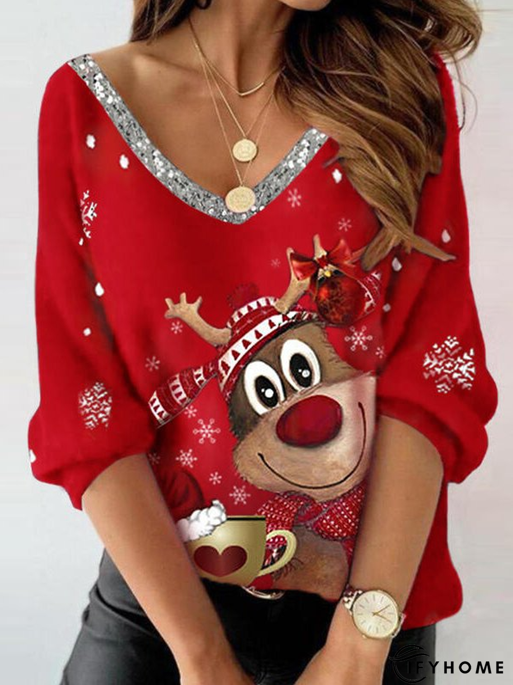 Christmas Regular Fit Glitter V Neck T-Shirt | IFYHOME