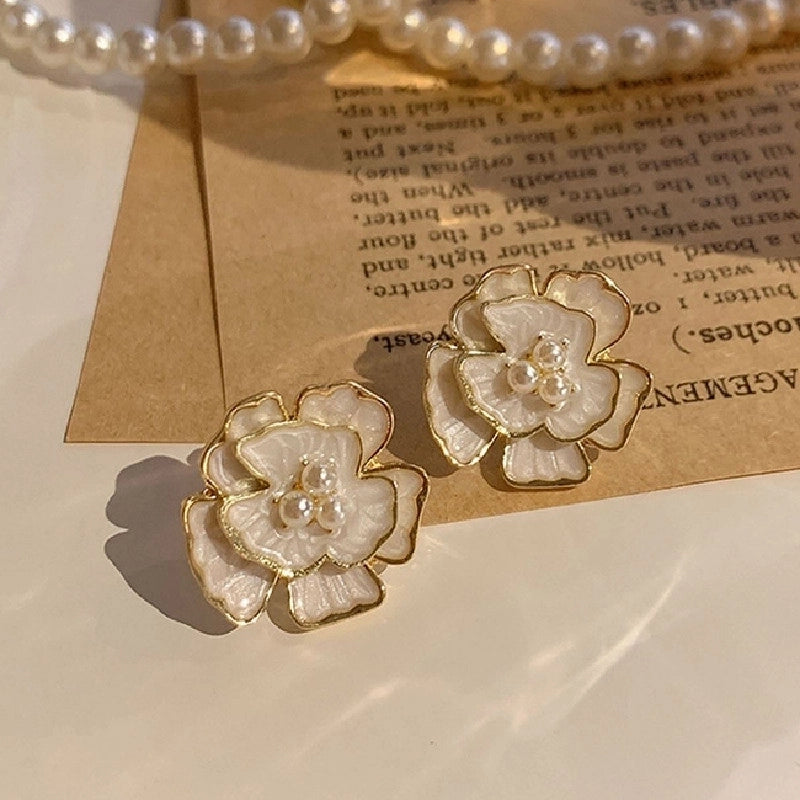 3 Pieces Sweet Heart Shape Rose Flower Inlay Imitation Pearl Alloy Rhinestones Earrings