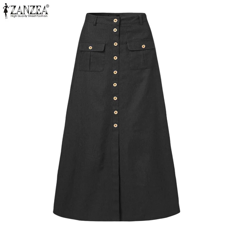 Women Retro Skirts ZANZEA 2022 Summer Denim Blue Long Skirt Casual Solid Split Bottoms Lady A-line Button Up Skirt Oversize