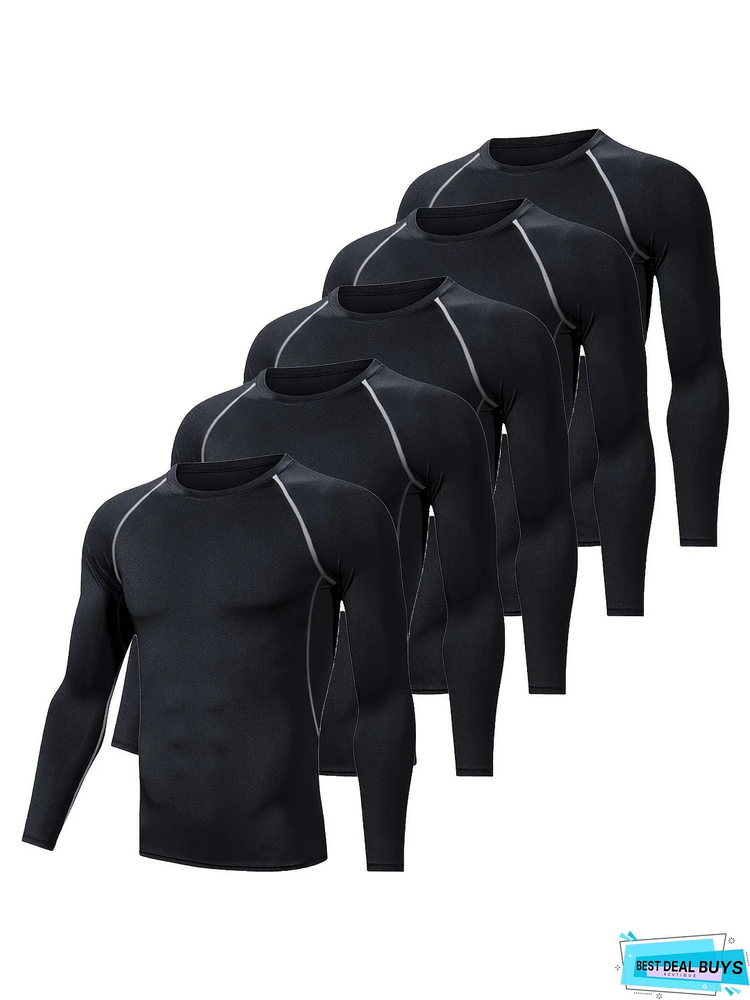 5 Pcs Mens High-Performance Solid Muscle Fit T-Shirts - Stretchy Crew Neck Long Sleeve Sports Tees for Active Fitness Enthusiasts - Moisture-Wicking, Quick-Drying, Four-Season Wear for Hiking, Jogging, Cycling, and Outdoor Activities