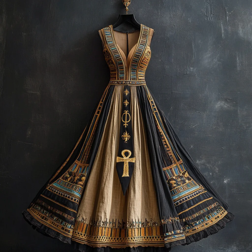 Vintage Egyptian Ankh Art Women's Linen V-neck Maxi Dress
