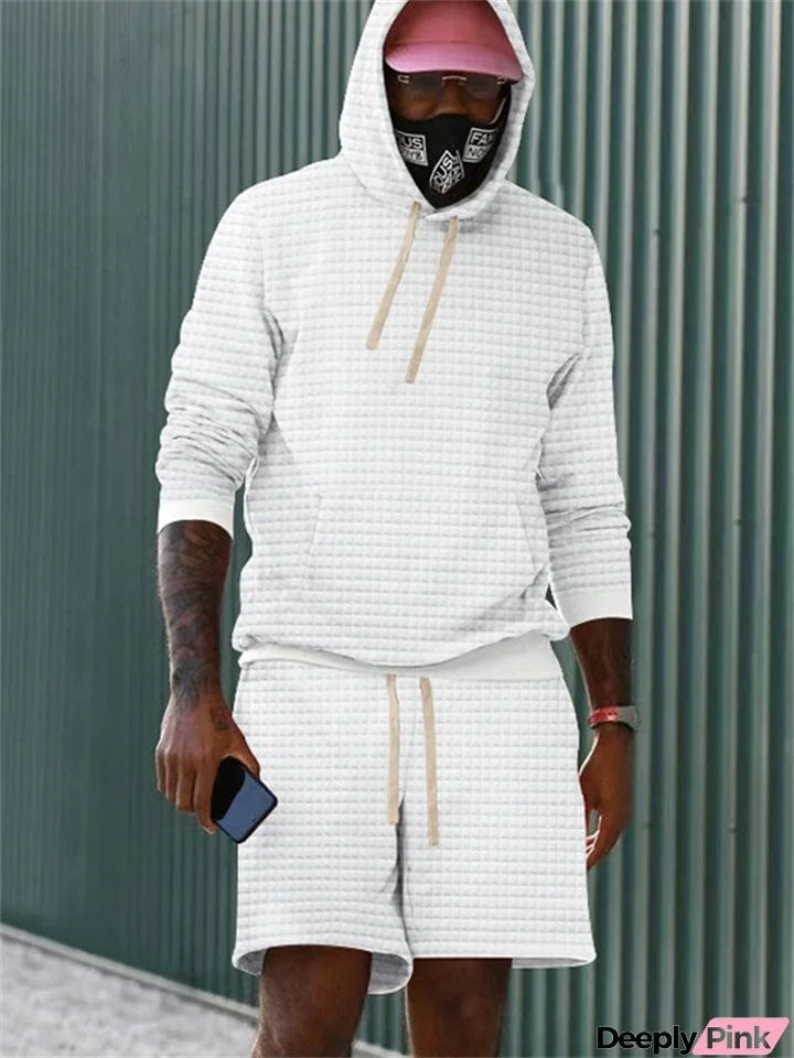 Men's Pure Color Plaid Hooded Sweatshirt Shorts Set