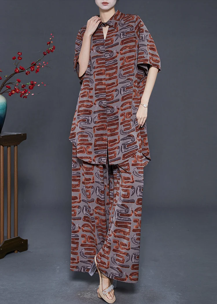 Brown Print Chiffon Two Piece Set Women Clothing Notched Summer