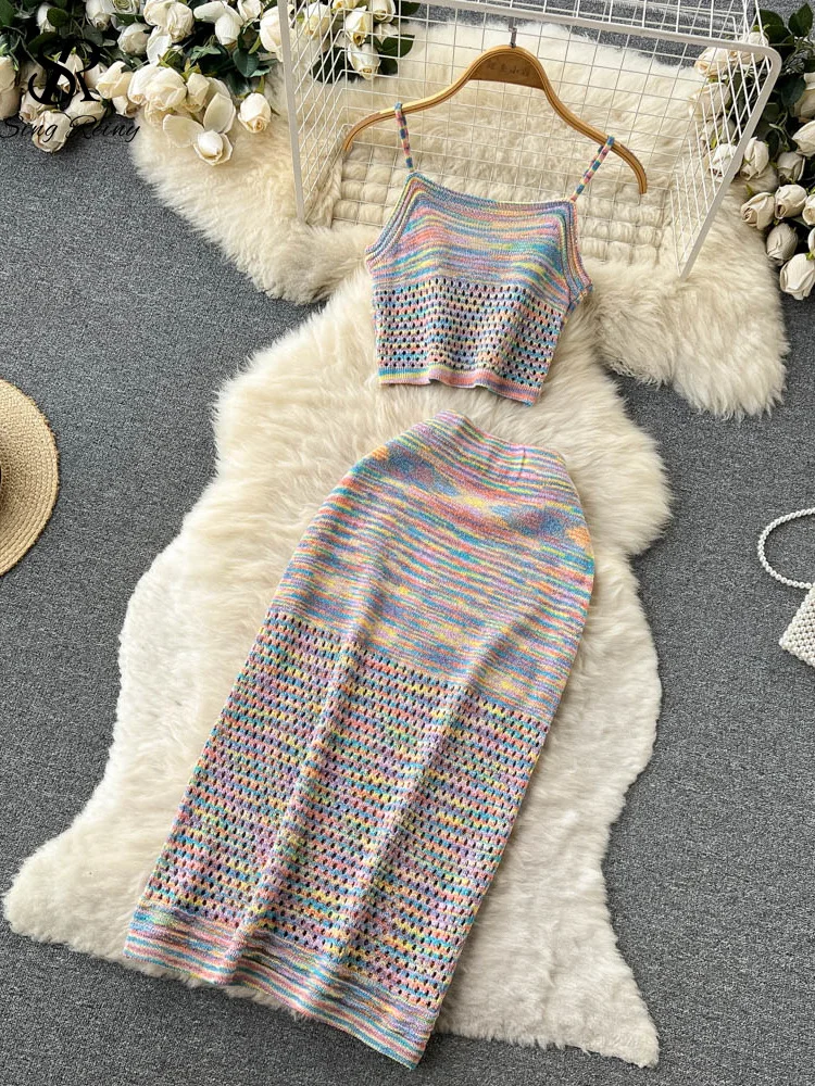 Huibahe Sexy Hollow Out Rainbow Set Knitted Mini Camis Hight Waist Knit Mid Dress Women Streetwear Fashion Two Pieces Suits